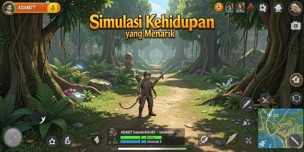 Screenshot utama ADAM77 menampilkan karakter yang sedang berinteraksi di dunia simulasi.
