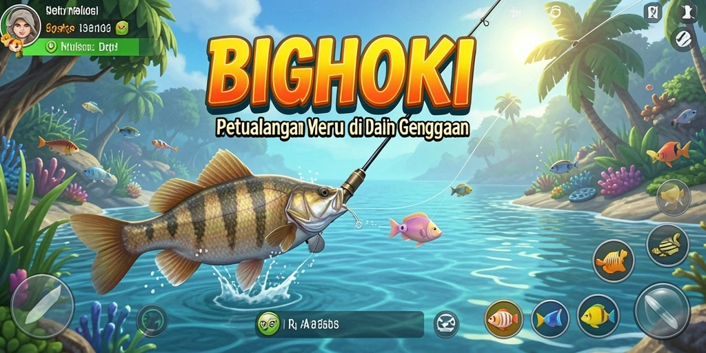 Screenshot gameplay BIGHOKI menunjukkan aksi pemancingan yang seru di lautan.