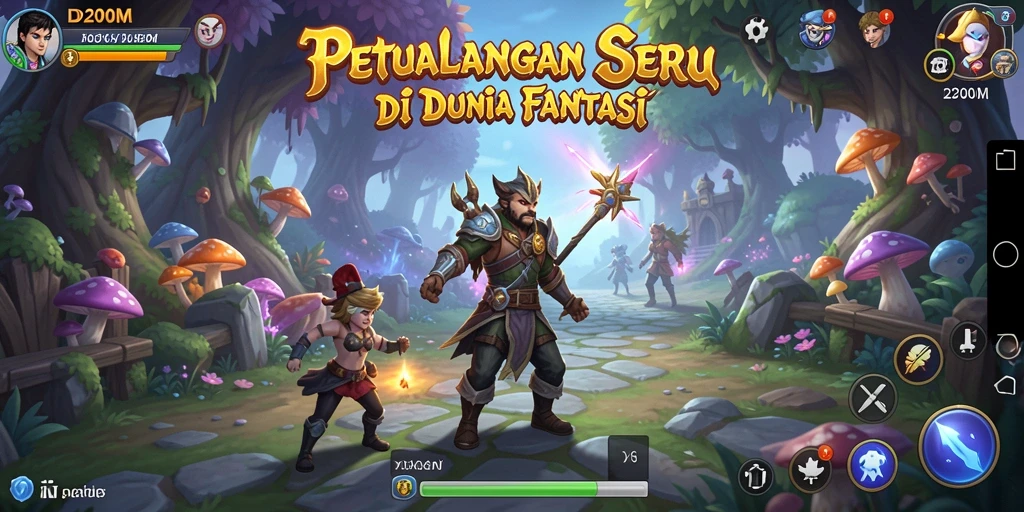 Screenshot D200M menampilkan karakter utama saat menjelajah dunia petualangan yang menakjubkan.