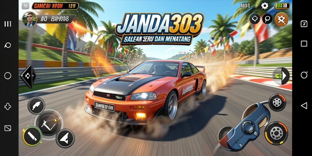 Screenshot gameplay JANDA303 menampilkan aksi balapan yang intens.