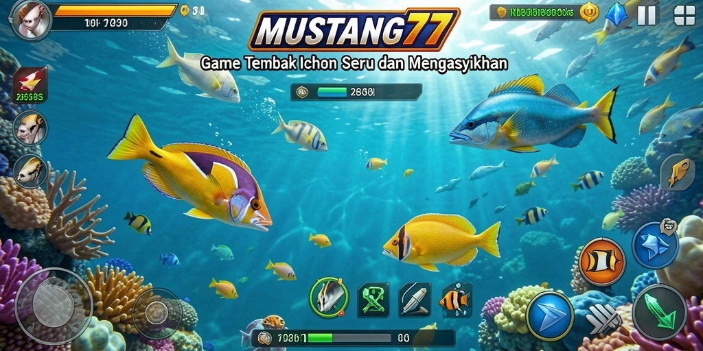 Tampilan gameplay seru di MUSTANG77 saat menembak ikan.