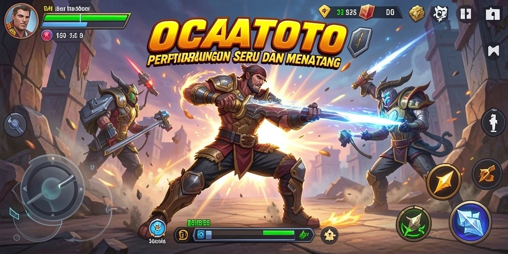 Screenshot gameplay OCATOTO menampilkan pertarungan yang mendebarkan dan karakter beragam.