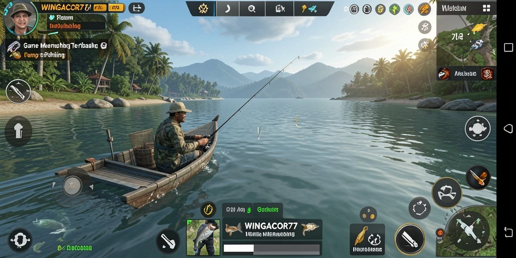 Screenshot permainan <strong>WINGACOR77</strong> yang menampilkan aksi memancing di laut.